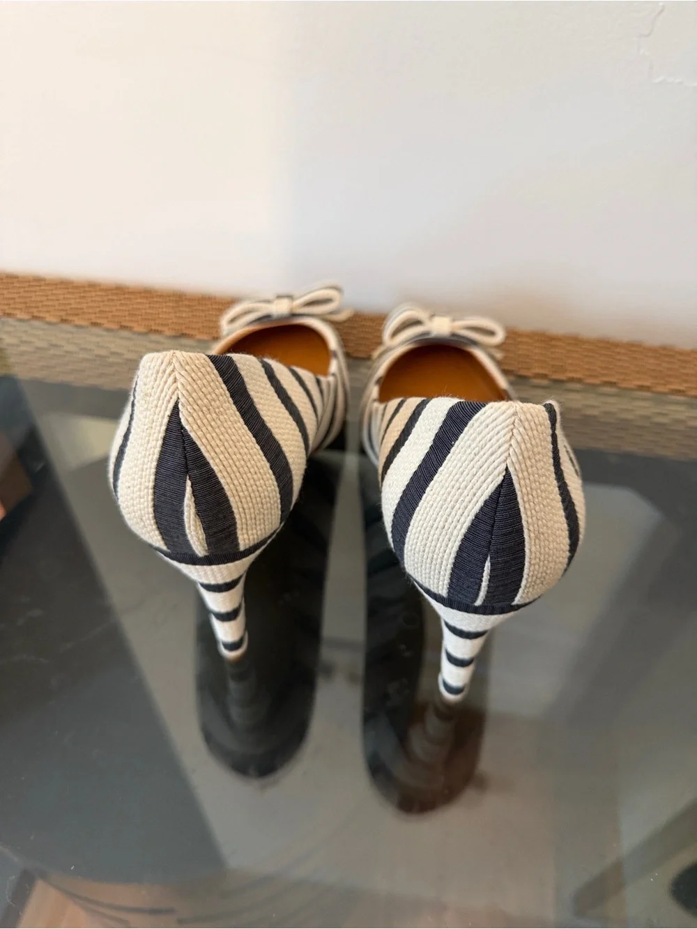 J. Crew Navy and Cream Striped Pointed-Toe Bow Heels